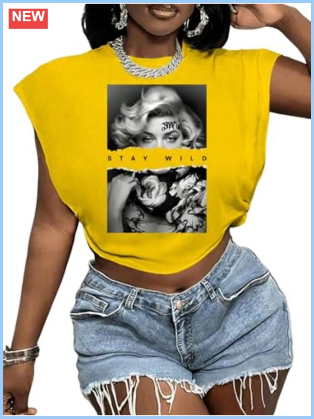 WDIRARA Graphic Print Cap Sleeve Crop Top Tee
